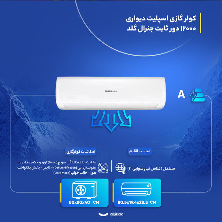 کولر گازی اسپلیت دیواری 12000 دور ثابت جنرال گلد مدل GG-MS12000 PLATINUM