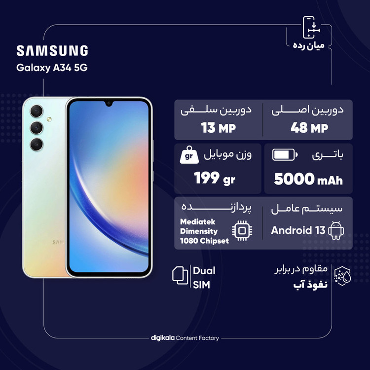 گوشی موبایل سامسونگ مدل Galaxy A34 5G دو سیم کارت ظرفیت 128 گیگابایت و رم 8 گیگابایت به همراه شارژر سامسونگ - ویتنام