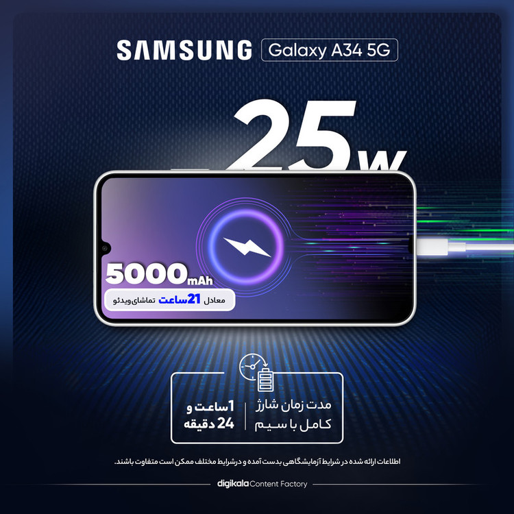 گوشی موبایل سامسونگ مدل Galaxy A34 5G دو سیم کارت ظرفیت 128 گیگابایت و رم 8 گیگابایت به همراه شارژر سامسونگ - ویتنام
