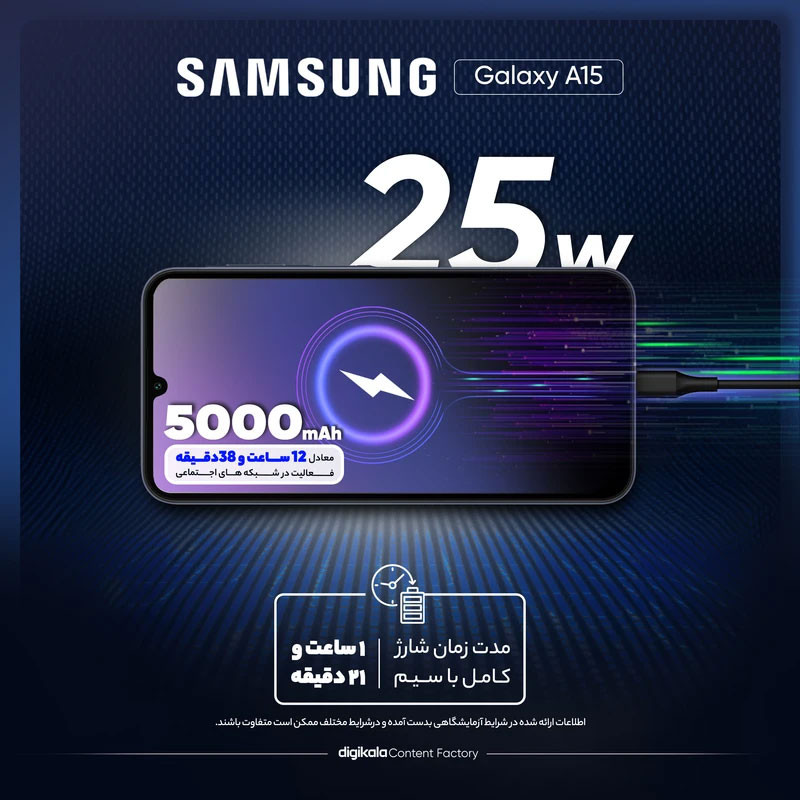 گوشی موبایل سامسونگ مدل Galaxy A15 دو سیم کارت ظرفیت 128 گیگابایت و رم 6 گیگابایت به همراه شارژر 25وات سامسونگ - ویتنام