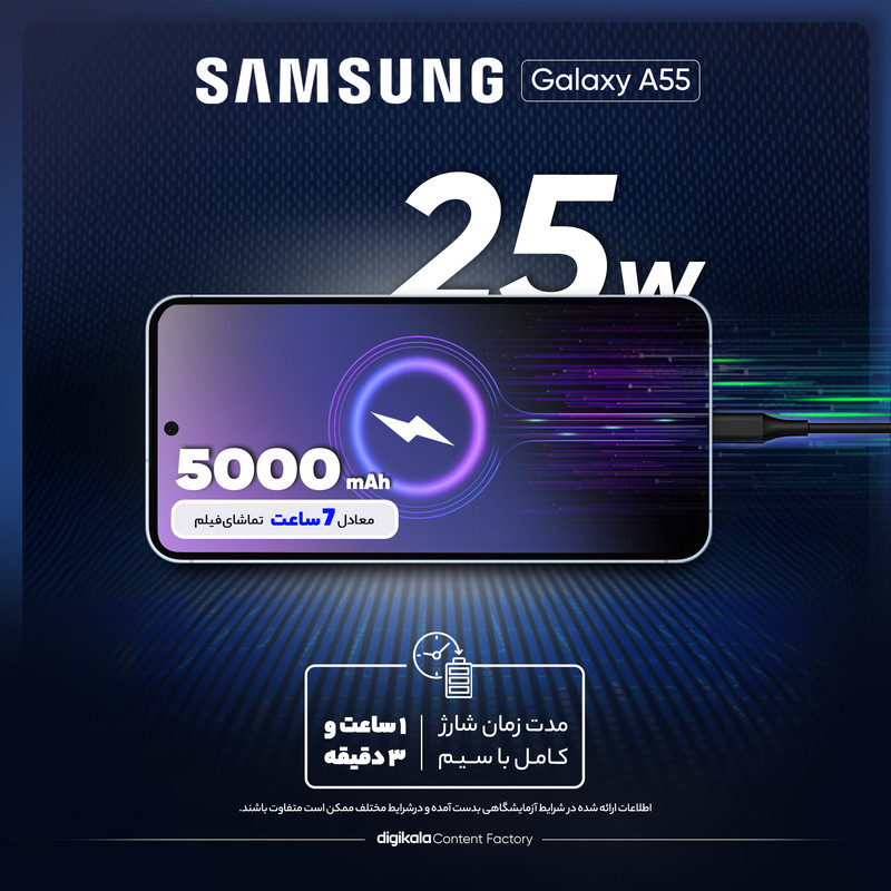 گوشی موبایل سامسونگ مدل Galaxy A55 دو سیم کارت ظرفیت 256 گیگابایت و رم 8 گیگابایت - ویتنام - به همراه شارژر 25 واتی سامسونگ، هدفون بلوتوثی انکر مدل Soundcore R50i، محافظ صفحه نمایش و قاب ژلهای