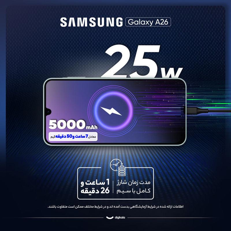 گوشی موبایل سامسونگ مدل Galaxy A26 دو سیم کارت ظرفیت 256 گیگابایت و رم 8 گیگابایت - ویتنام - به همراه شارژر 25 وات انکر