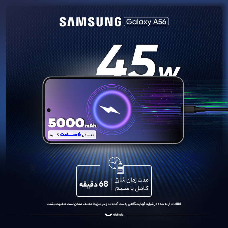 گوشی موبایل سامسونگ مدل Galaxy A56 دو سیم کارت ظرفیت 256 گیگابایت و رم 8 گیگابایت - ویتنام - به همراه شارژر 45 وات انکر