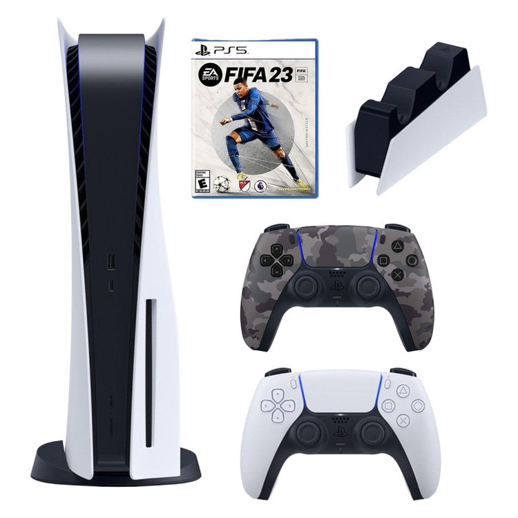 کنسول بازی سونی مدل PlayStation 5 ظرفیت 825 گیگابایت ریجن 1218 آسیا به همراه دسته اضافی و پایه شارژر و بازی FIFA 23