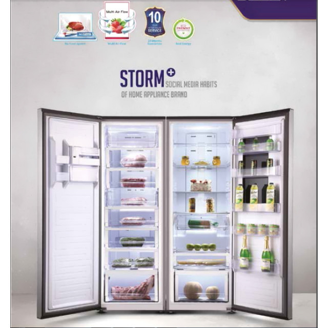یخچال فریزر دوقلو 40 فوت استیلون مدل STORM PLUS، دارای اخطار باز ماندن درب و یخساز دستی، ارتفاع 200، پهنای 65 و عمق 65 سانتی متر، میزان مصرف انرژی C، دارای 8 طبقه در یخچال و 8 طبقه در فریزر