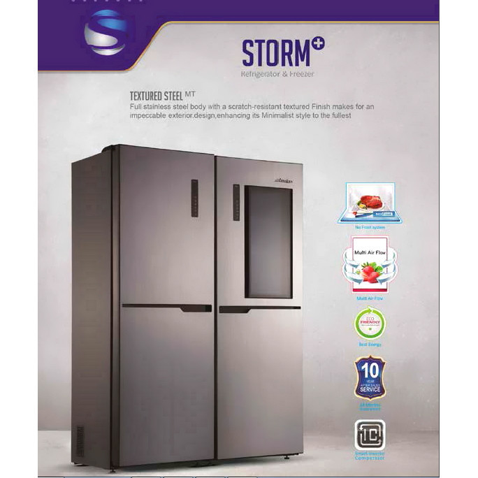 یخچال فریزر دوقلو 40 فوت استیلون مدل STORM PLUS، دارای اخطار باز ماندن درب و یخساز دستی، ارتفاع 200، پهنای 65 و عمق 65 سانتی متر، میزان مصرف انرژی C، دارای 8 طبقه در یخچال و 8 طبقه در فریزر