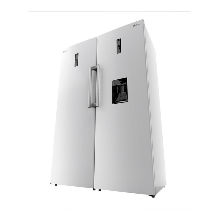 یخچال فریزر دوقلو 32 فوت جی پلاس مدل GRF-P2736-FW/LW، دارای سرمایش و انجماد سریع، با ارتفاع 185، پهنای 119 و عمق 65 سانتی متر، میزان مصرف انرژی A++، دارای 4 طبقه در یخچال و 4 کشو در فریزر
