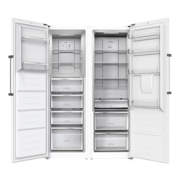 یخچال فریزر دوقلو 32 فوت جی پلاس مدل GRF-P2736-FW/LW، دارای سرمایش و انجماد سریع، با ارتفاع 185، پهنای 119 و عمق 65 سانتی متر، میزان مصرف انرژی A++، دارای 4 طبقه در یخچال و 4 کشو در فریزر
