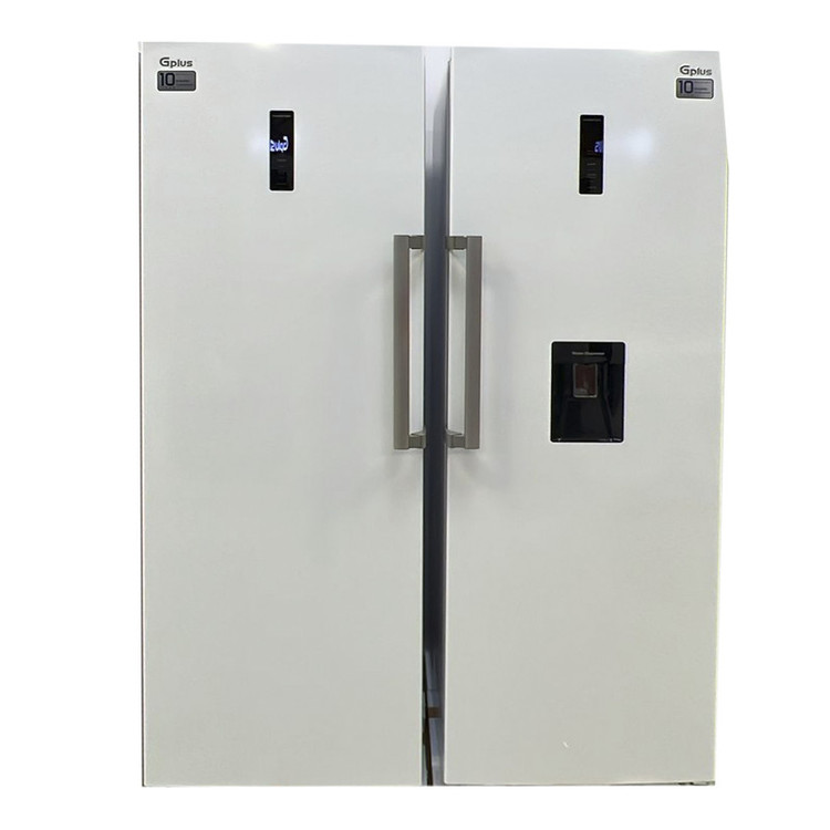 یخچال فریزر دوقلو 32 فوت جی پلاس مدل GRF-P2736-FW/LW، دارای سرمایش و انجماد سریع، با ارتفاع 185، پهنای 119 و عمق 65 سانتی متر، میزان مصرف انرژی A++، دارای 4 طبقه در یخچال و 4 کشو در فریزر