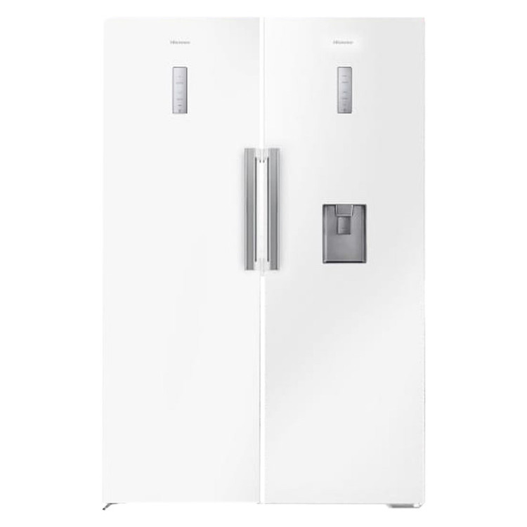 یخچال و فریزر دوقلو 40 فوت هایسنس مدل RS370W/FS270W، دارای نمایشگر و بدون برفک، با ارتفاع 186، پهنای 120 و عمق 67 سانتیمتر، میزان مصرف انرژی A+، دارای 5 طبقه در یخچال و 5 کشو در فریزر، دارای سیستم نوفراست