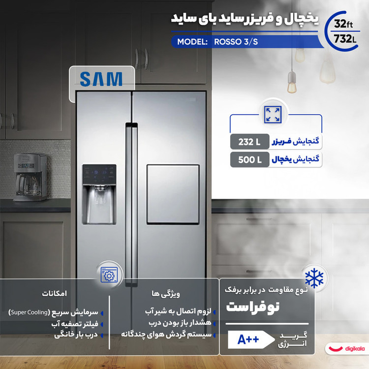 یخچال فریزر ساید بای ساید 32 فوت سام مدل ROSSO 3/S