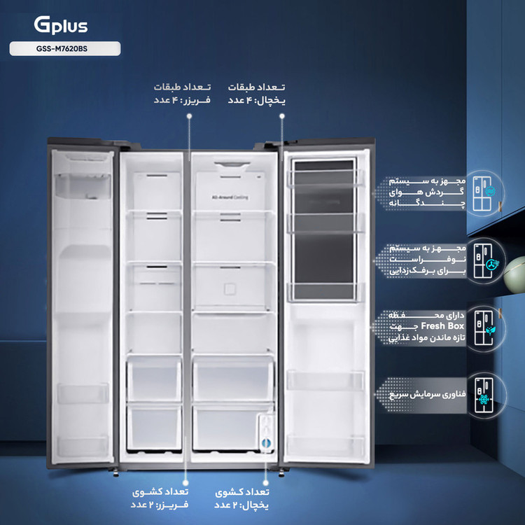 یخچال و فریزر ساید بای ساید 28 فوت جی پلاس مدل GSS-M7620BS