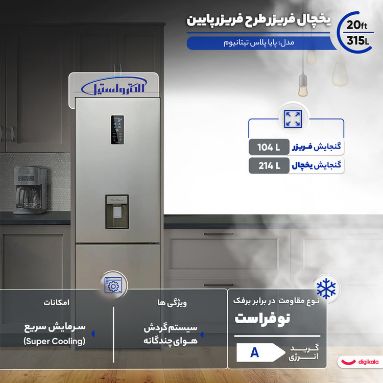 یخچال فریزر طرح فریزر پایین 20 فوت الکترواستیل مدل پایا پلاس تیتانیوم